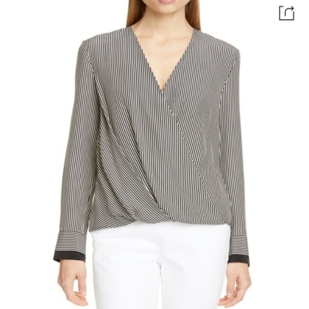 rag & bone 100% Silk Striped Wrap Blouse Black White Long Sleeve Size M